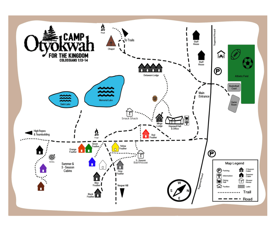 Camp Otyokwah property map showing facilities, trails, and key locations