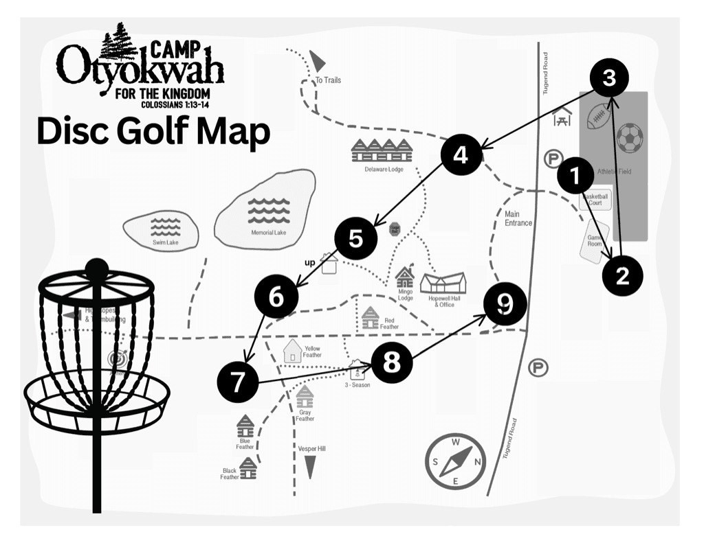 Camp Otyokwah disc golf course map with hole locations